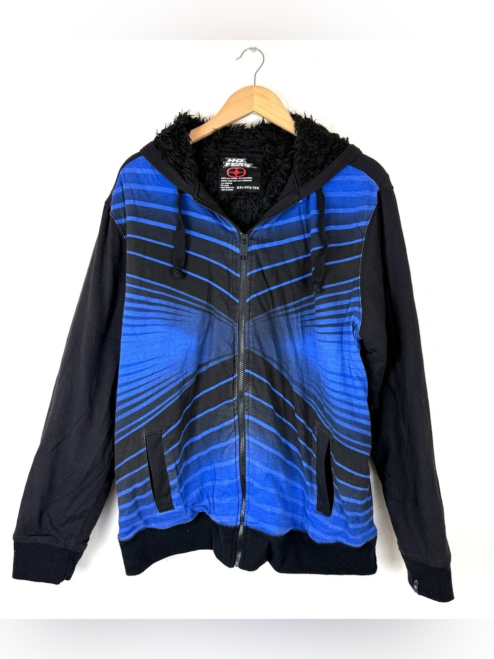 Y2K Vintage No Fear Hoodie Zip Up Black Blue Cyber Fleece Lined 2000s